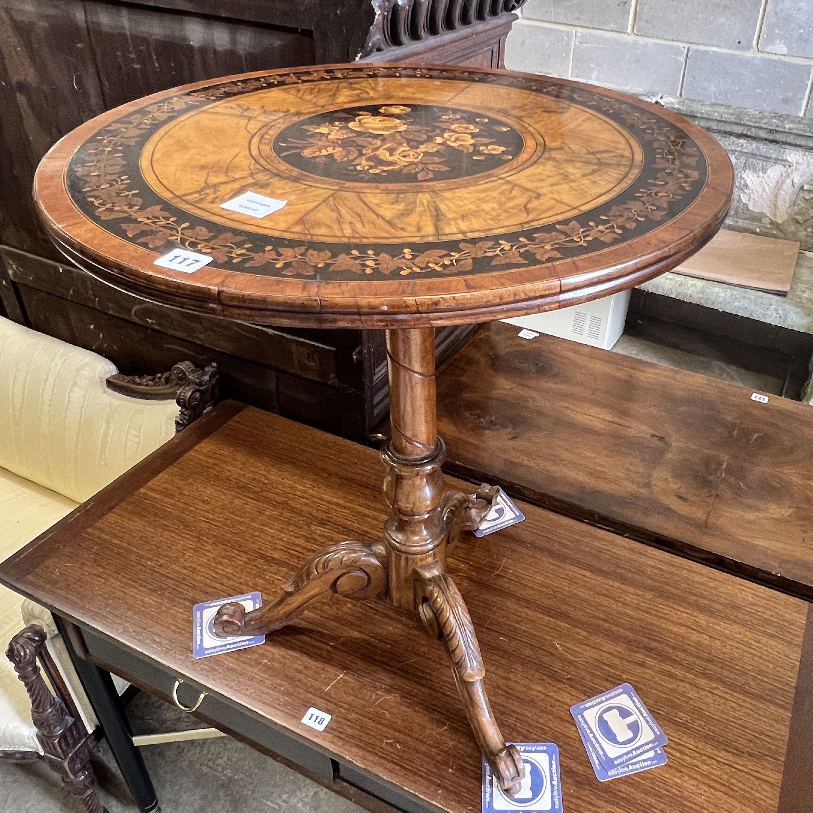 A Victorian floral marquetry inlaid circular walnut tripod table, diameter 62cm height 69cm